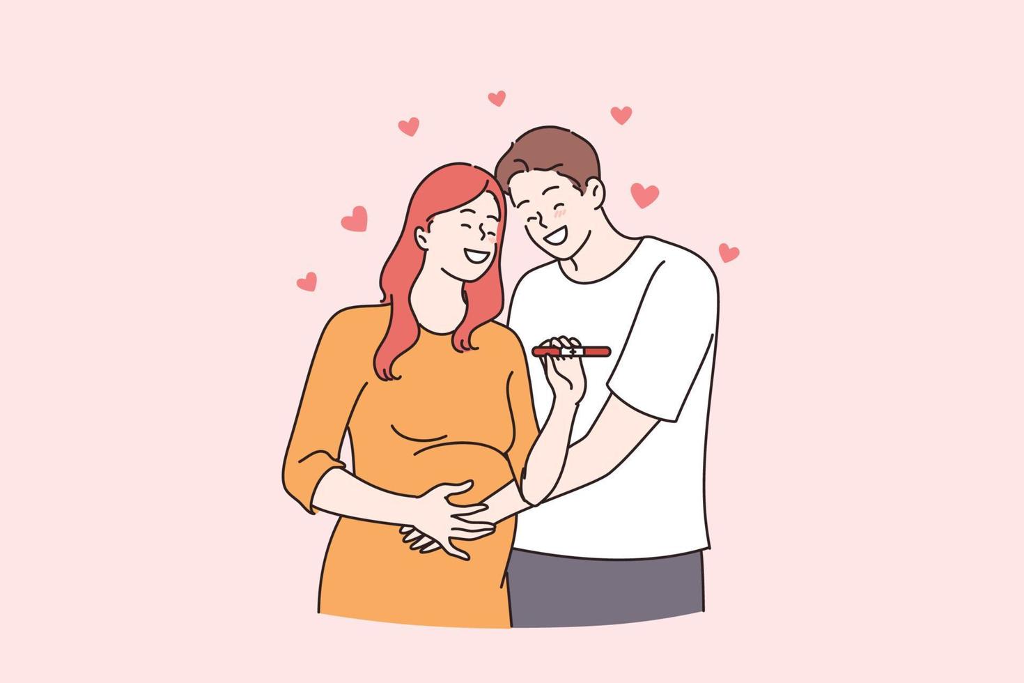 Happy relationship and expecting for baby concept. Happy couple man and woman cartoon characters standing hugging holding positive pregnancy test vector illustration