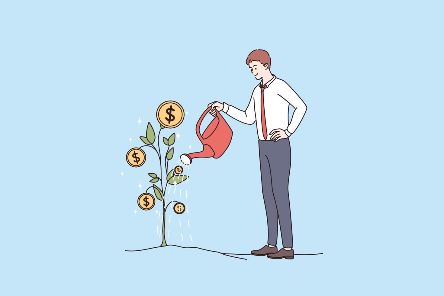 Financial success, wealth, profit concept. Young businessman standing growing income watering plant with coins vector illustration