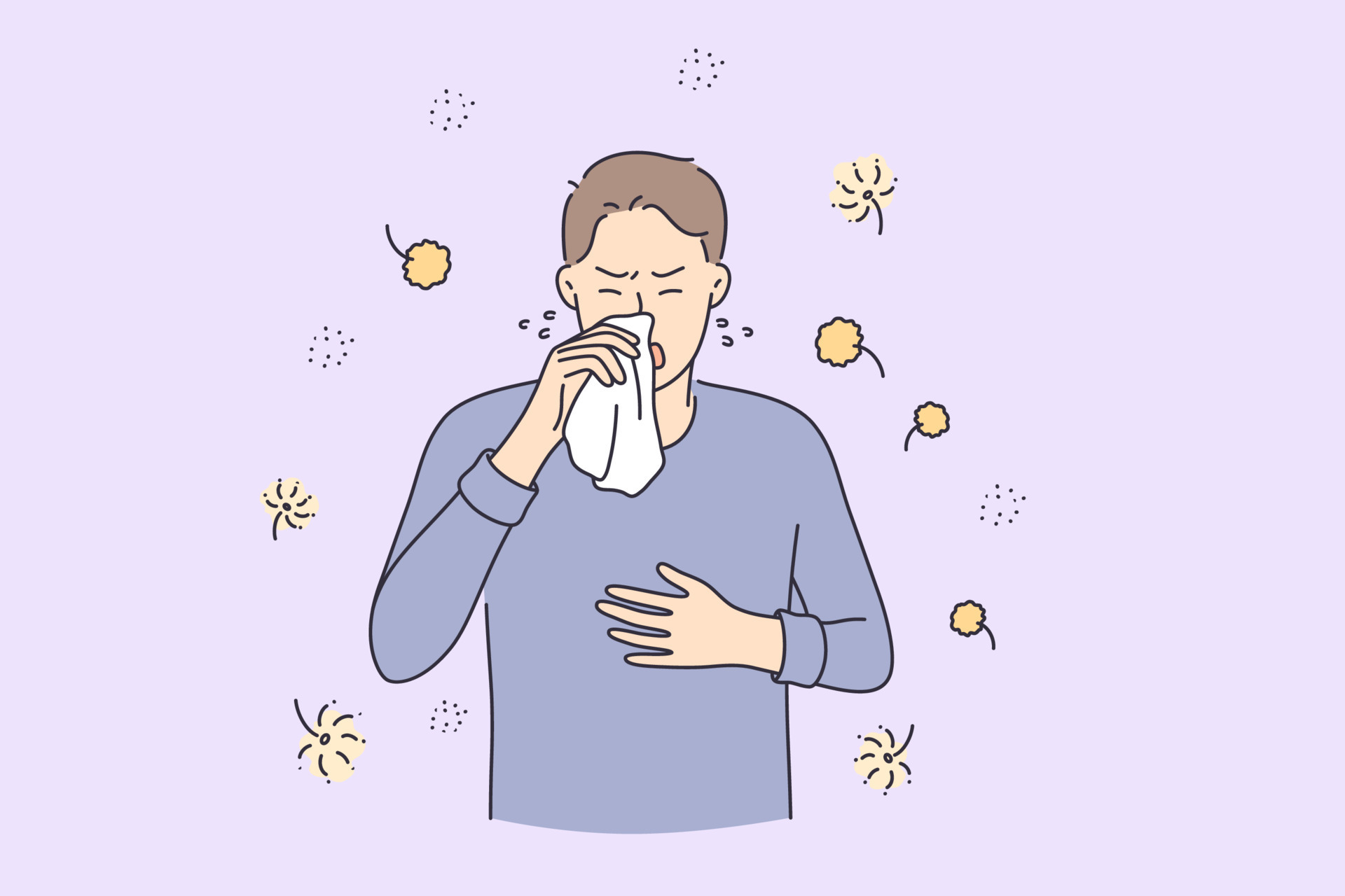 Allergy reaction, medicine and healthcare concept. Man cartoon character  having pollen allergy with Runny nose and watery eye vector illustration  13754001 Vector Art at Vecteezy