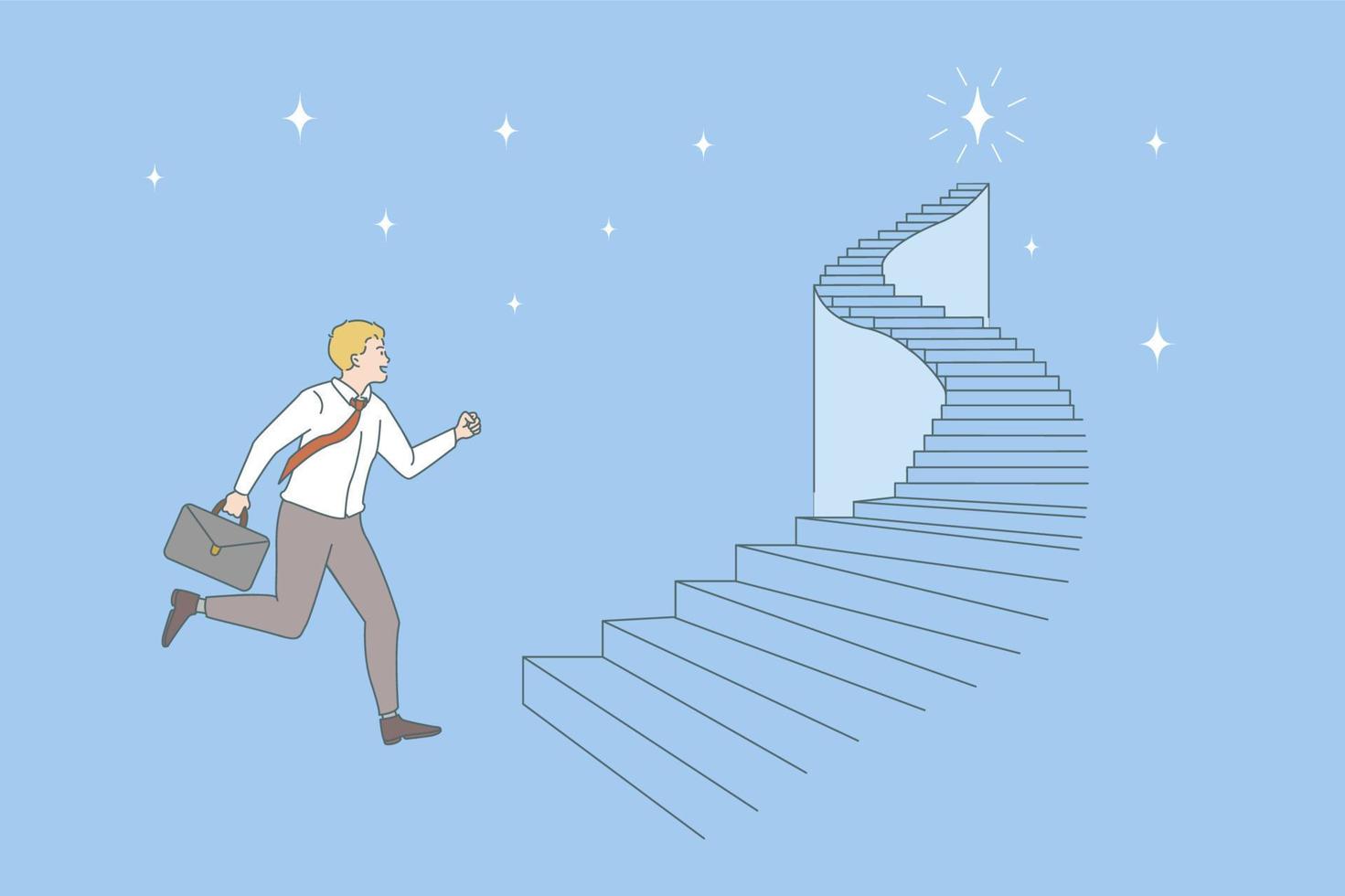 oportunidades y concepto de carrera empresarial. joven hombre de negocios sonriente con traje corriendo en la escalera tratando de llegar a la ilustración de vector de éxito de trabajo de negocios superior