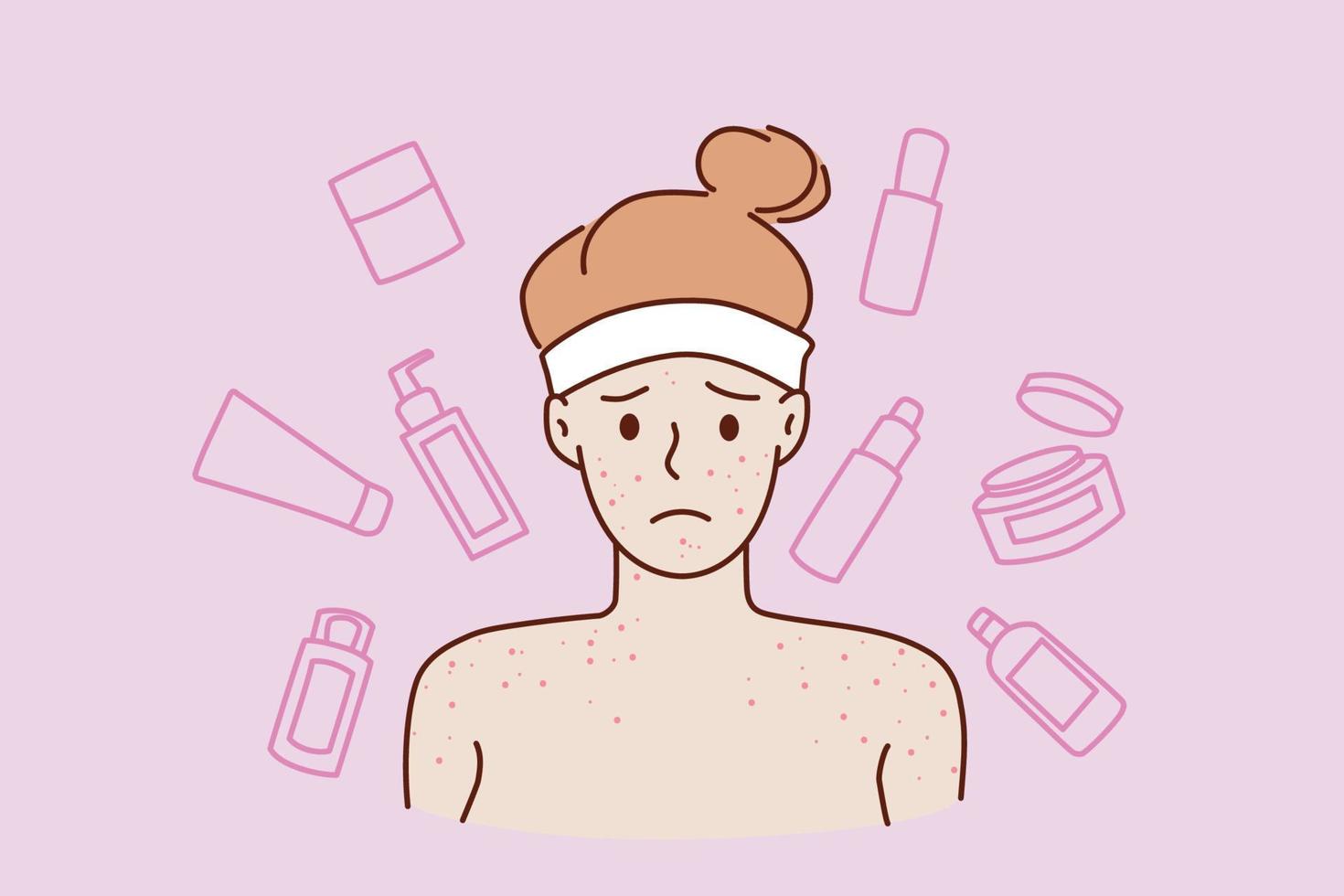 Skin problems and skincare concept. Face of young stressed sad teen boy standing with naked shoulders having red acne or pimples vector illustration