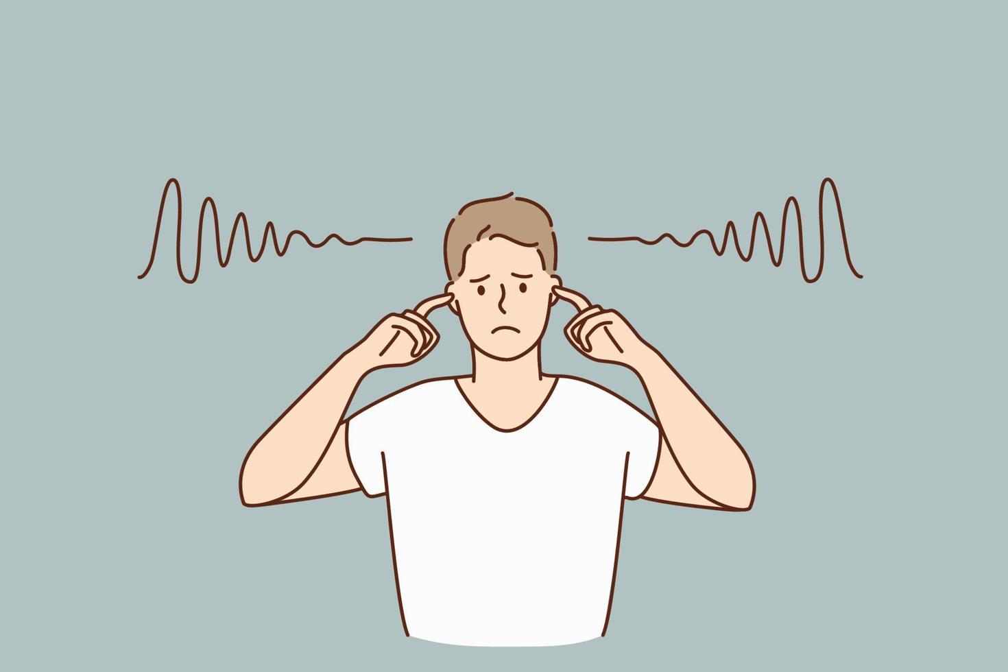 Covering ears and silence concept. Young sad irritated man cartoon character standing covering his ears with fingers with no sounds inside vector illustration