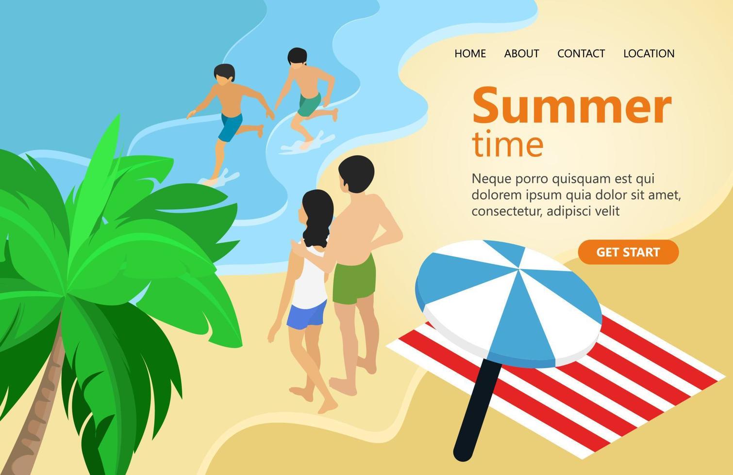 ilustración de vacaciones familiares de verano en la playa adecuadas para la página de inicio, volantes, infografías y otros activos gráficos relacionados con el vector