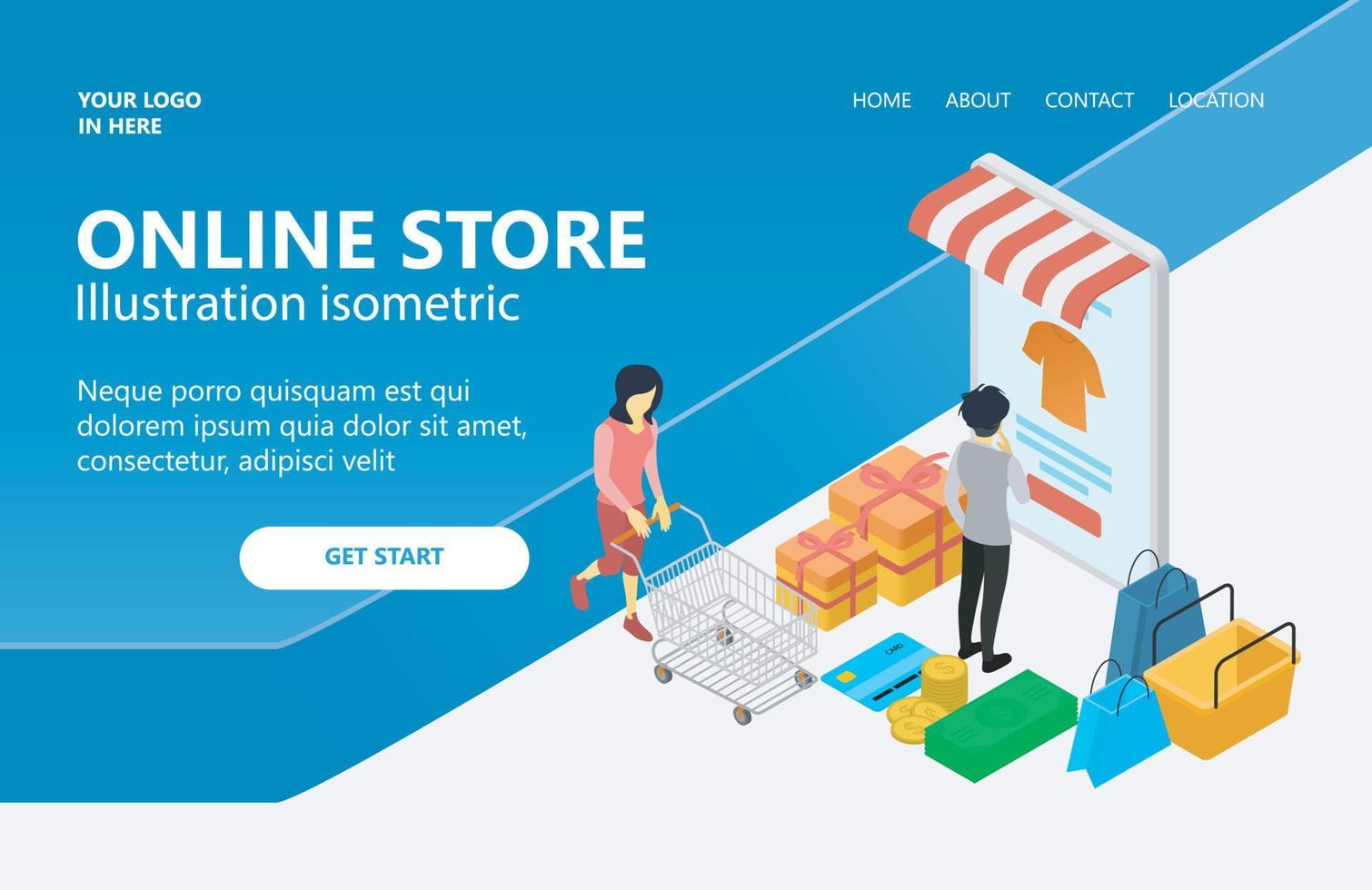 Landing page with illustration about online shop vector