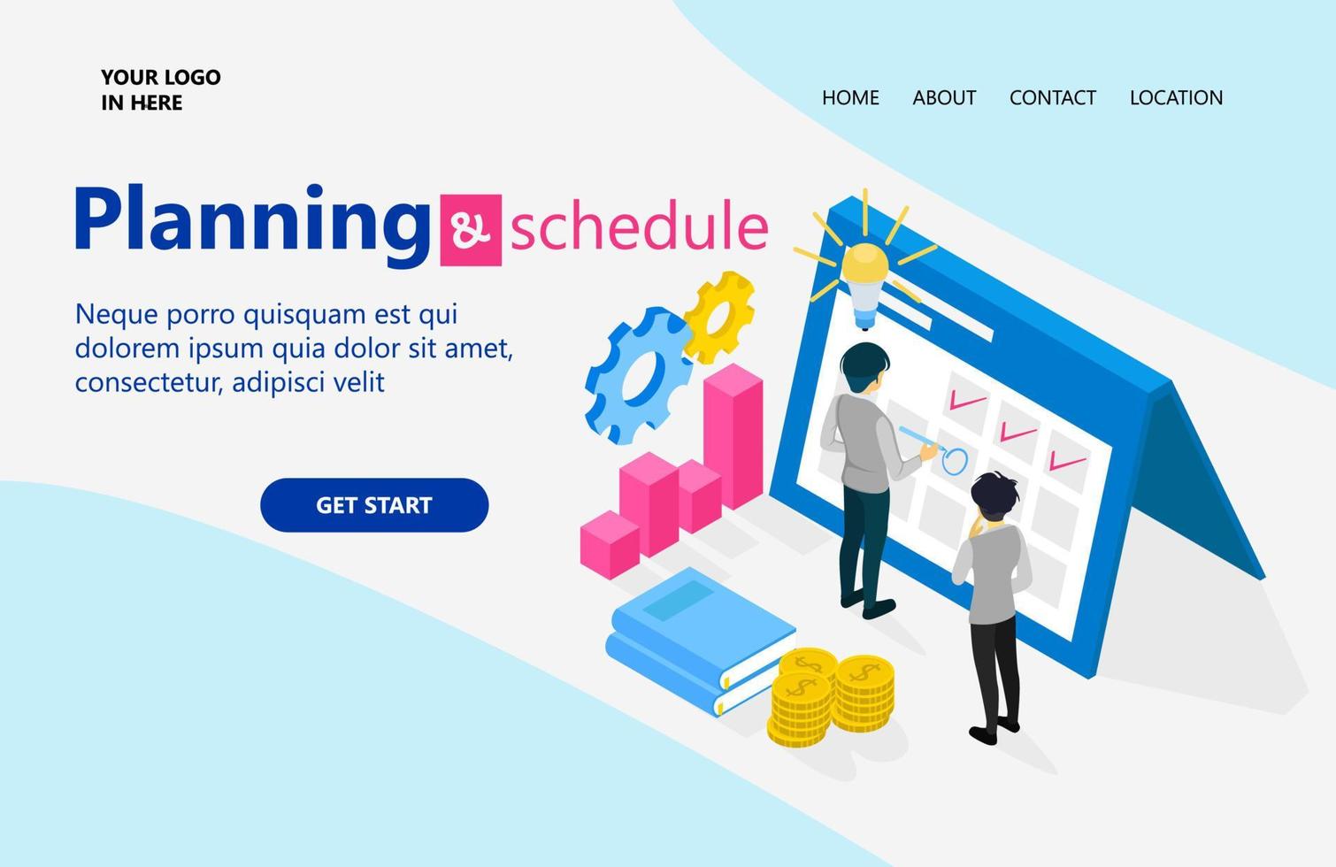 Landing page with illustration of isometric style business plan and schedule vector