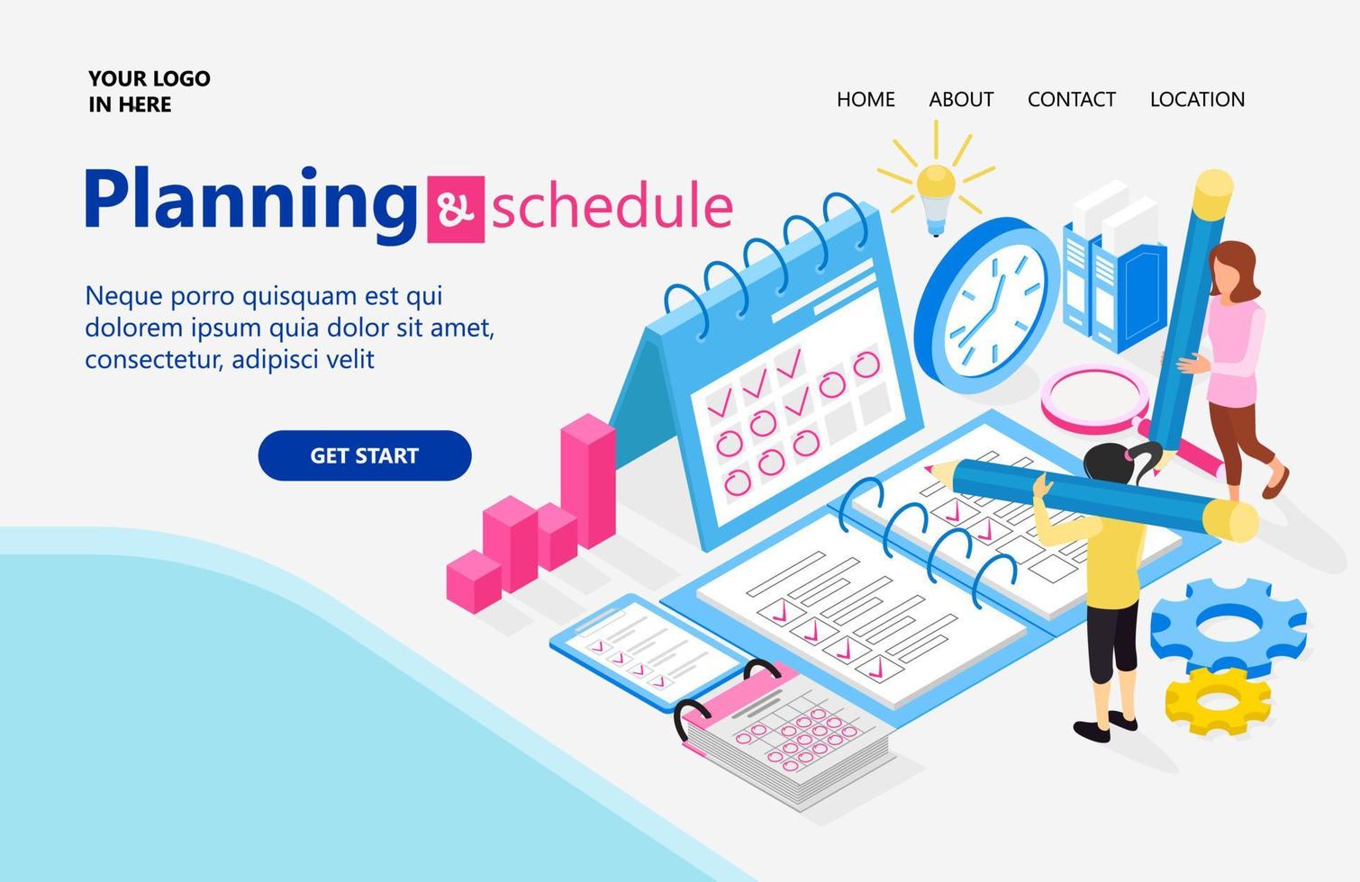 Landing page with illustration of isometric style business plan and schedule vector