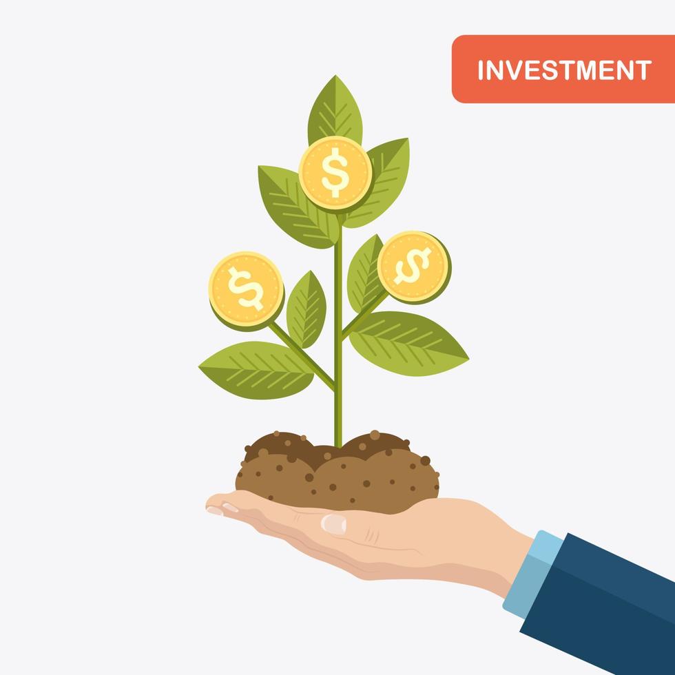 Businessman holds saplings of money tree with gold coins, soil, ground. Investment, wealth vector