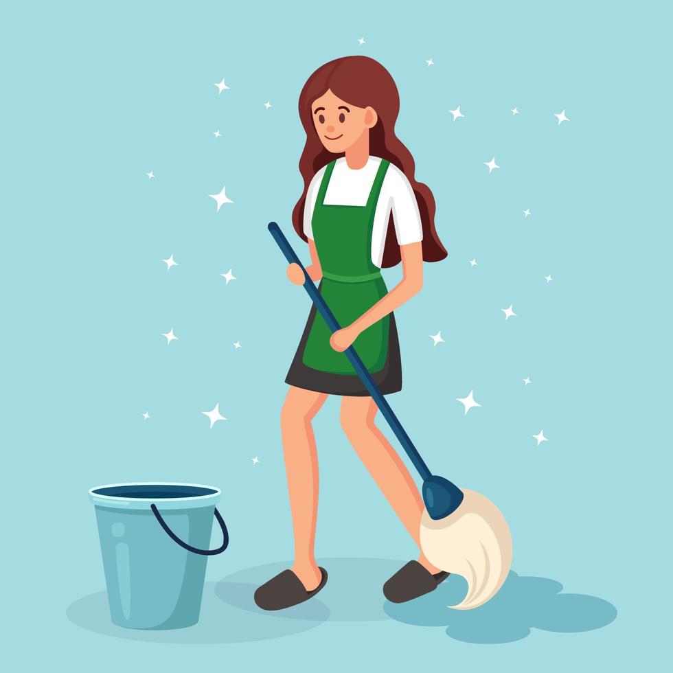 Girl washes the floor with mop and basket of water. Cleaning home, housekeeping concept. Daily routine, people activity. Vector cartoon design