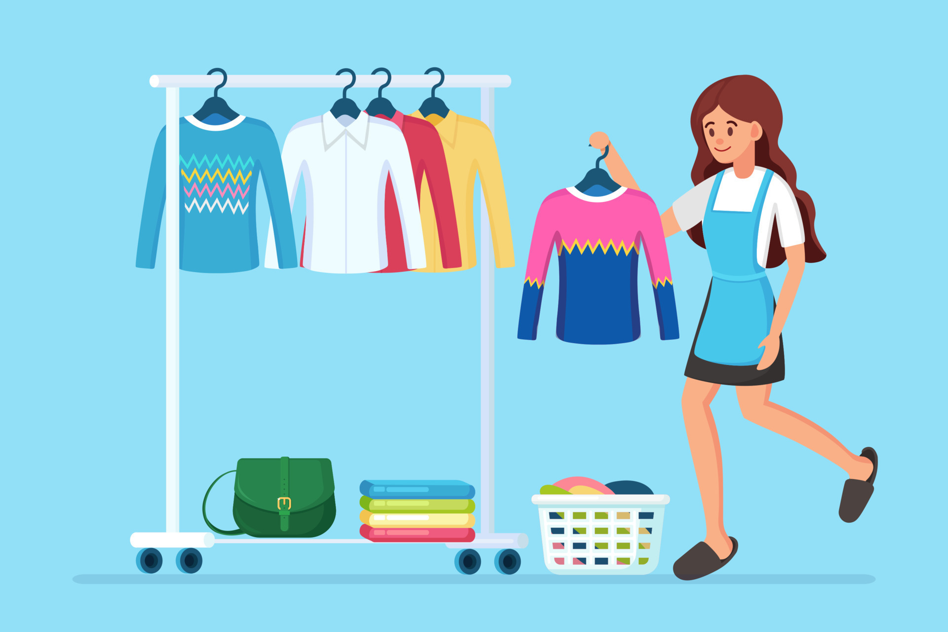 Woman chooses, trying on dress. Girl near wardrobe. Metal rack with clothes, bags on hangers in boutique. Store stand with fashionable outfit. Interior of dressing room. Vector cartoon design 13754170 Vector Art Woman chooses, trying on dress. Girl near wardrobe. Metal rack with clothes, bags on hangers in boutique. Store stand with fashionable outfit. Interior of dressing room. Vector cartoon design 13754170 Vector Art
