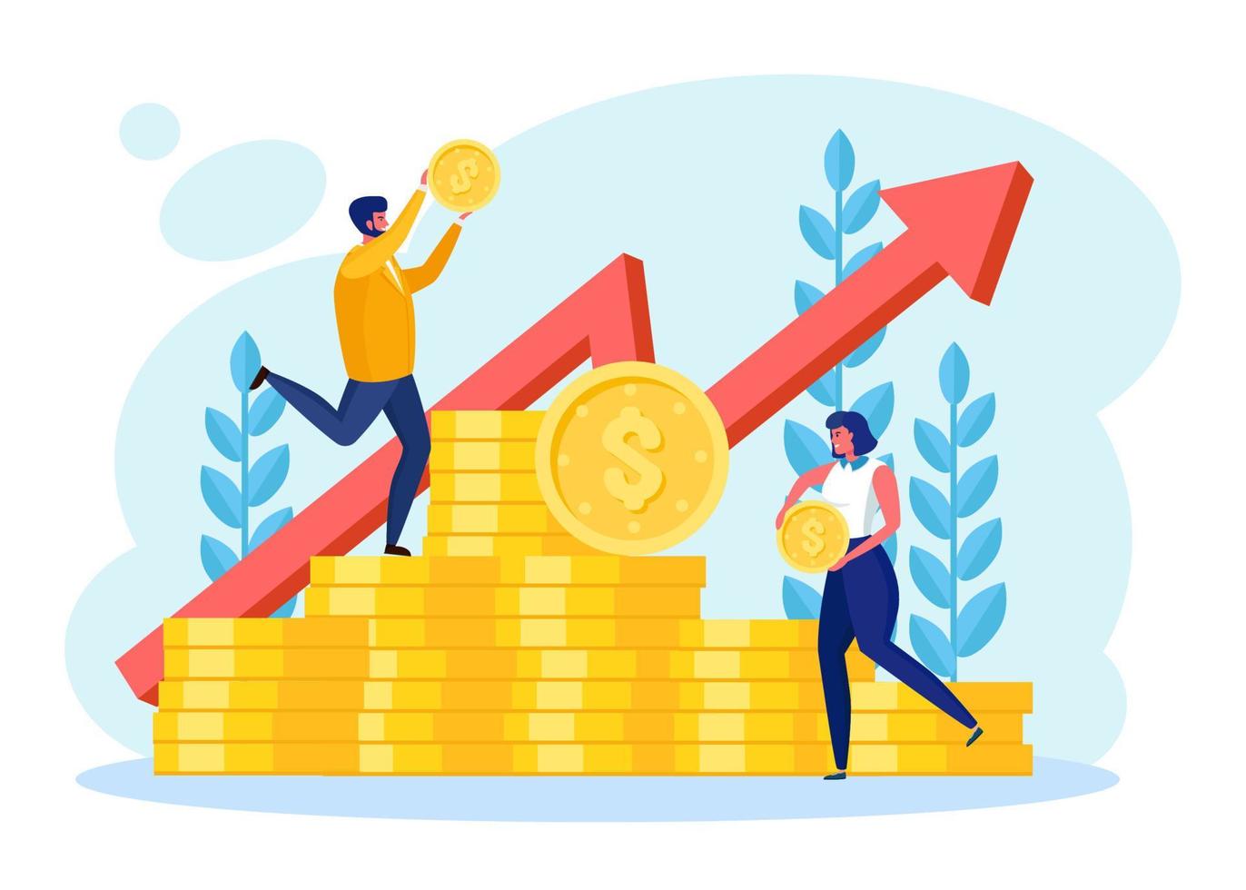 Investment and finance growth concept. Successful businessman standing on stack of coins, money vector