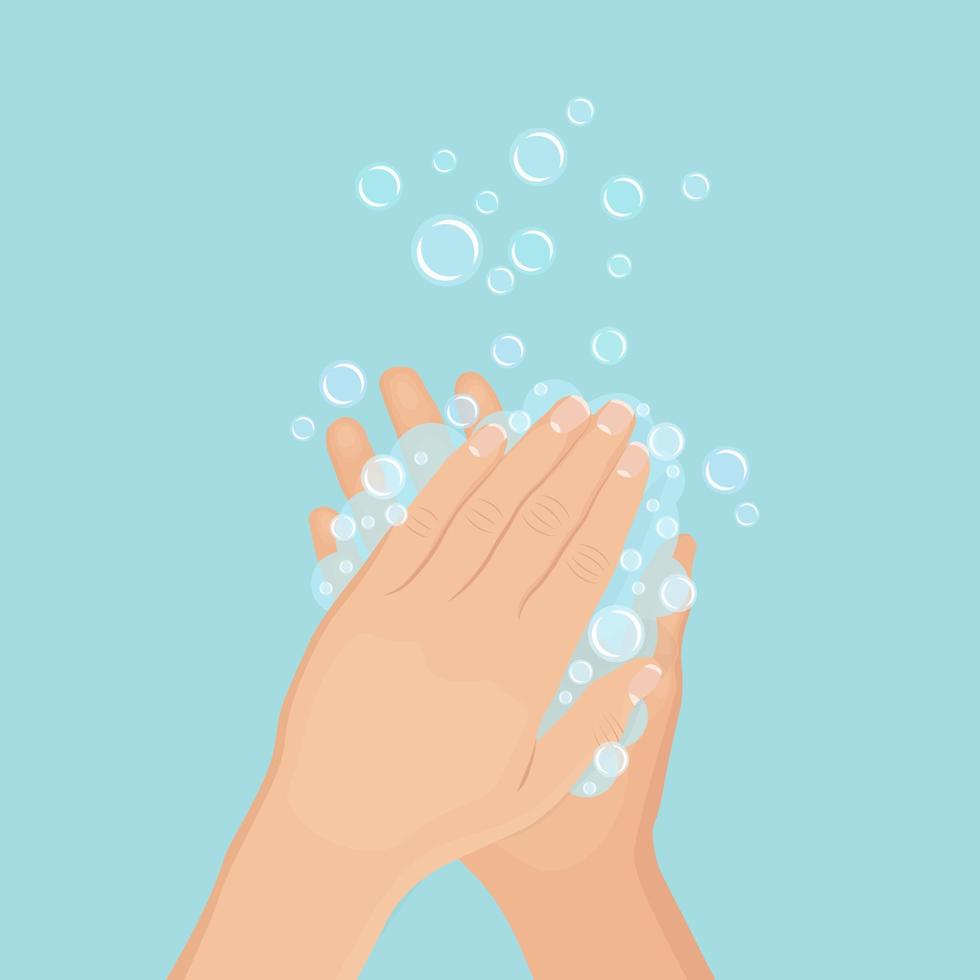 Washing hands with soap foam, scrub, gel bubbles. Personal hygiene, daily routine concept. Clean body vector