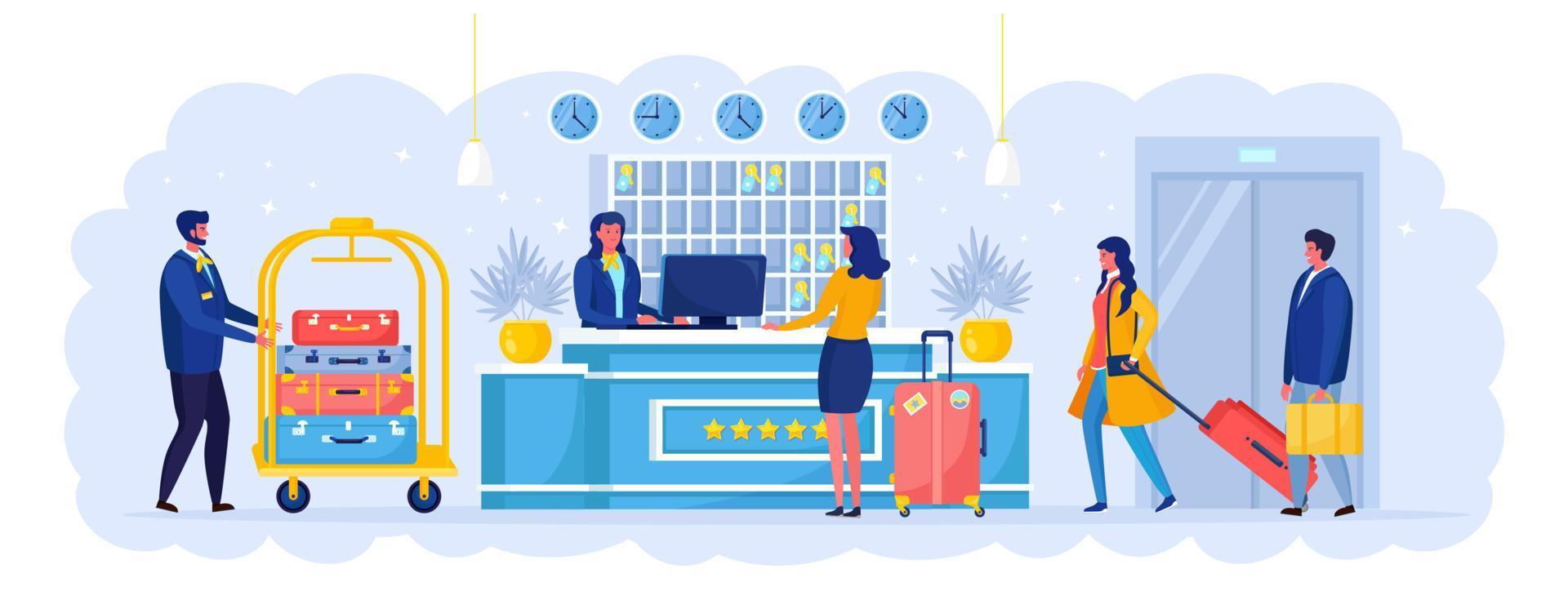Woman with suitcases is standing at reception desk. Check into hotel. Receptionist welcomes the guest. Bellboy with cart vector