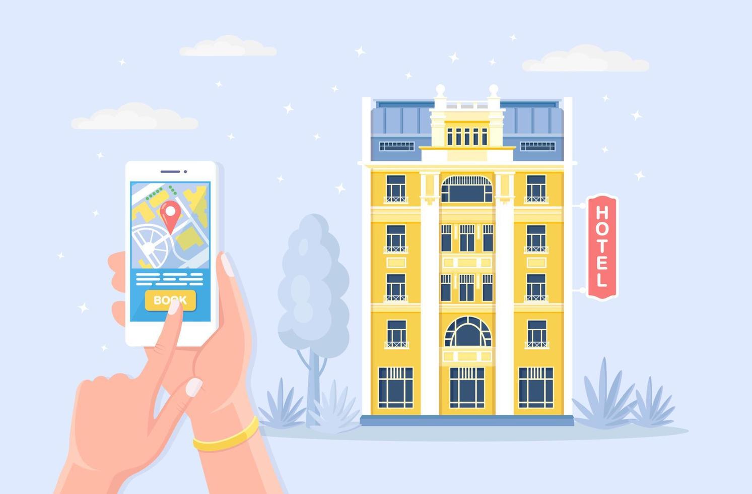 Hand hold smart phone with app for hotel search and online booking. Mobile application for reservation, rent apartment. Man finds and order motel room by mobile phone. Vector cartoon design