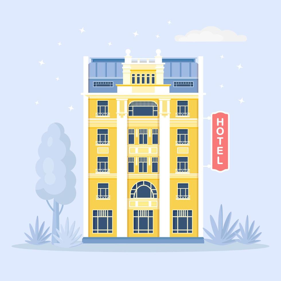 el edificio del hotel está ubicado en una calle de la ciudad vector