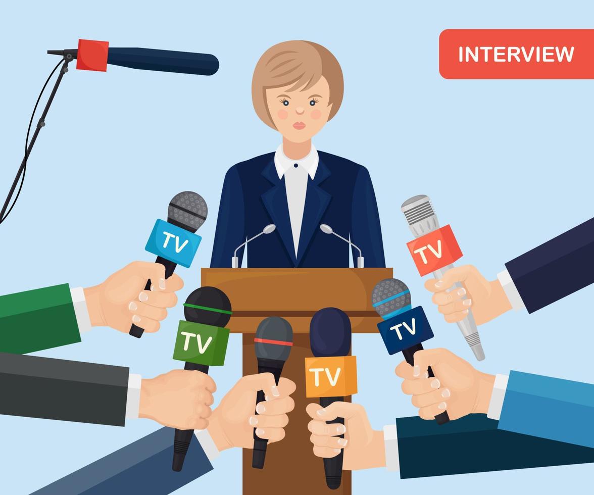 micrófonos en manos de reporteros en conferencia de prensa o entrevista vector