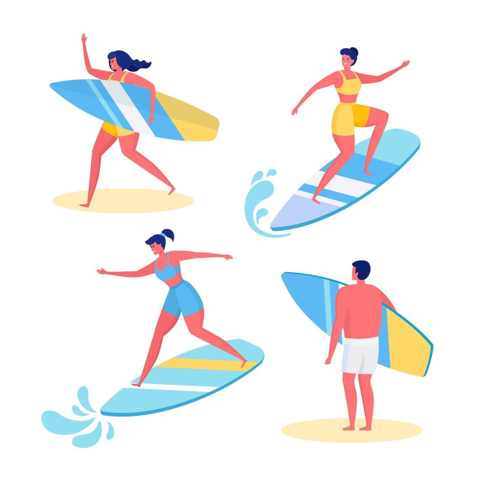 Set of funny surfer in swimsuit surfing in sea, ocean. Happy people in beachwear with surfboard isolated on white background. Vector cartoon design