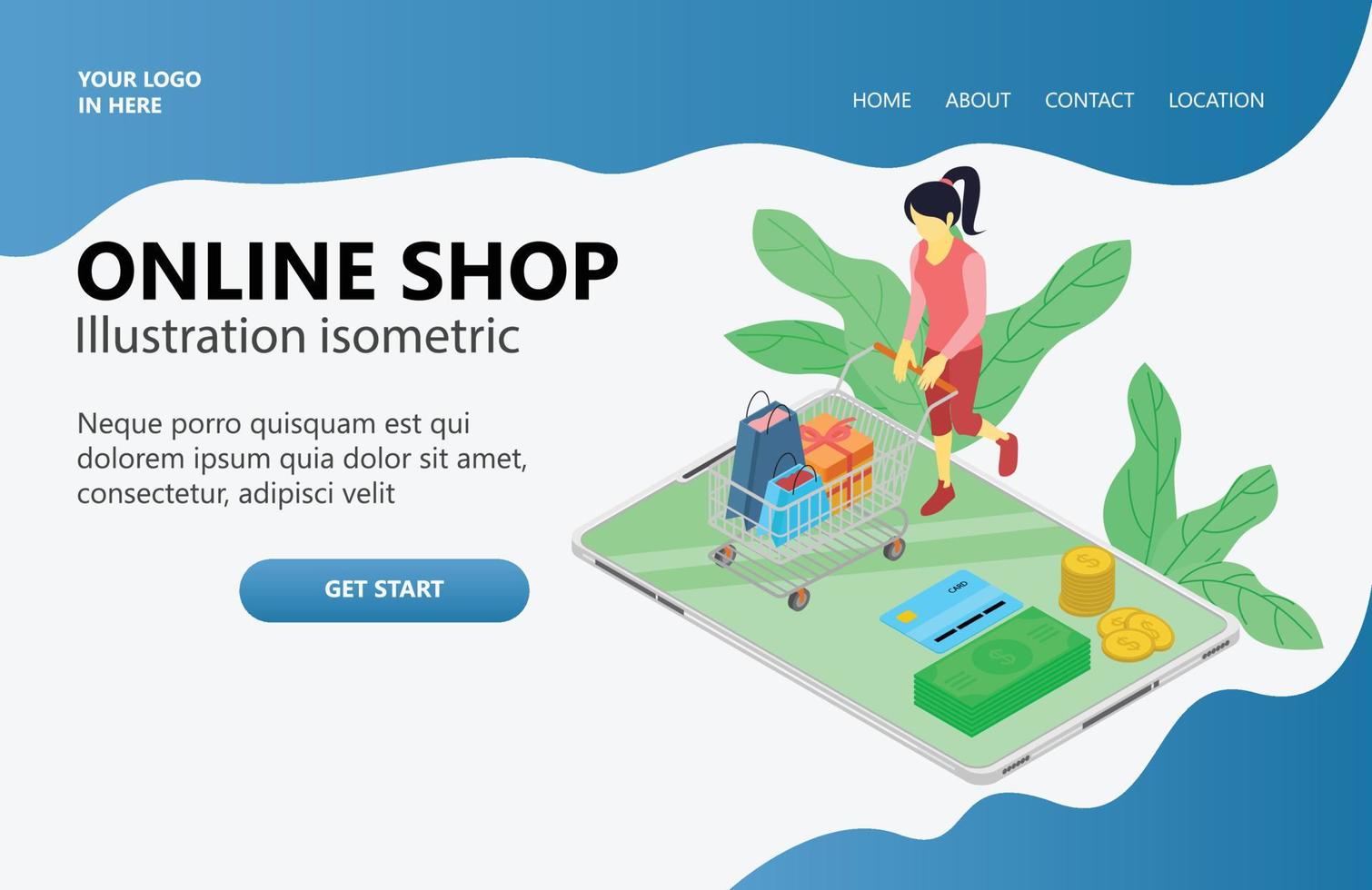 Landing page with illustration about online shop vector