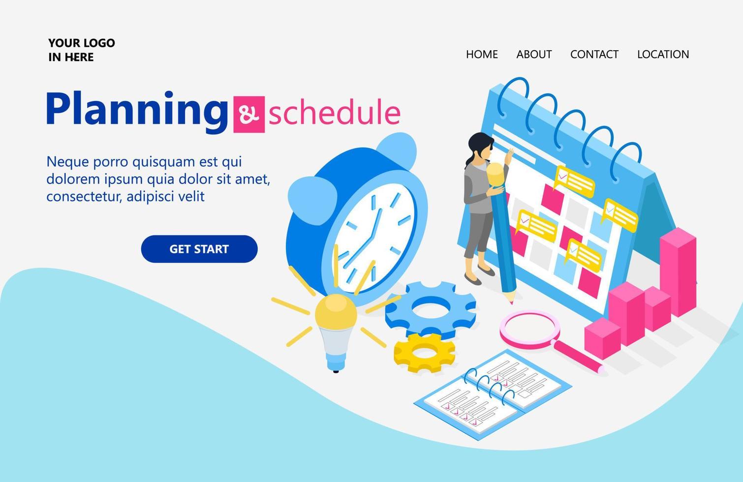 Landing page with illustration of isometric style business plan and schedule vector