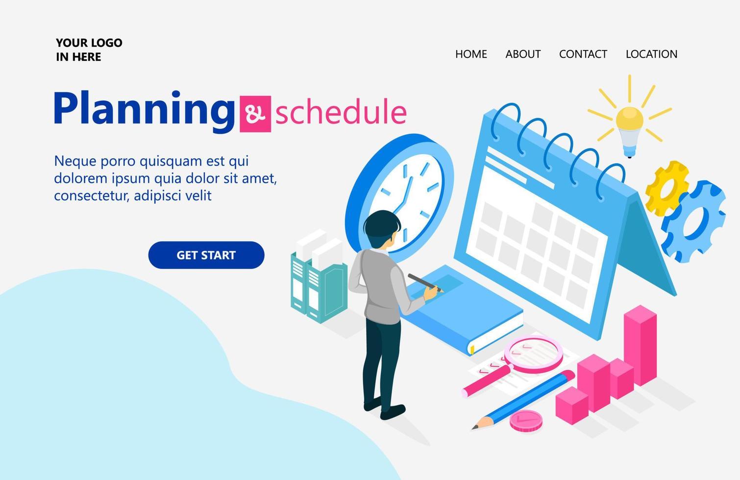 Landing page with illustration of isometric style business plan and schedule vector