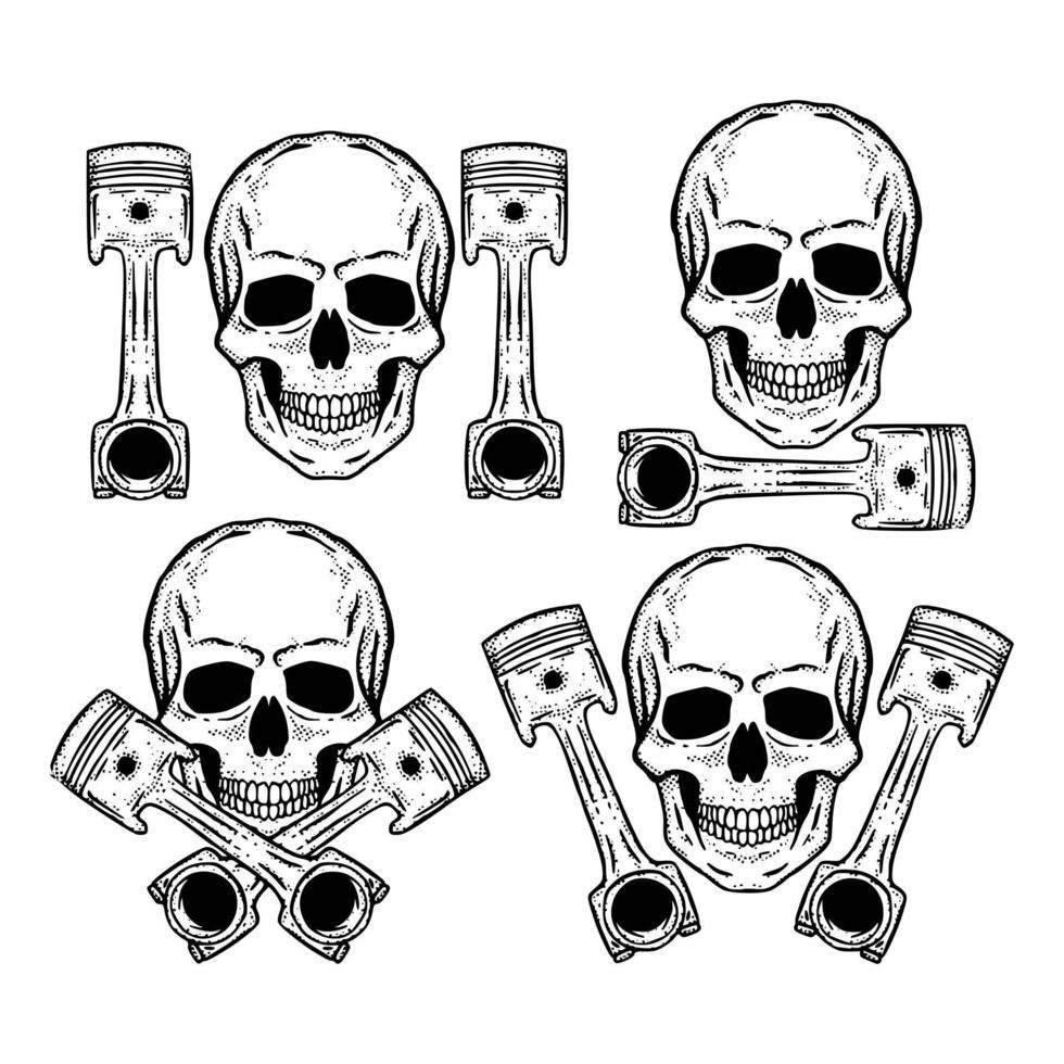 Collection set skull piston doodle Illustration hand drawn sketch for tattoo, stickers, etc vector