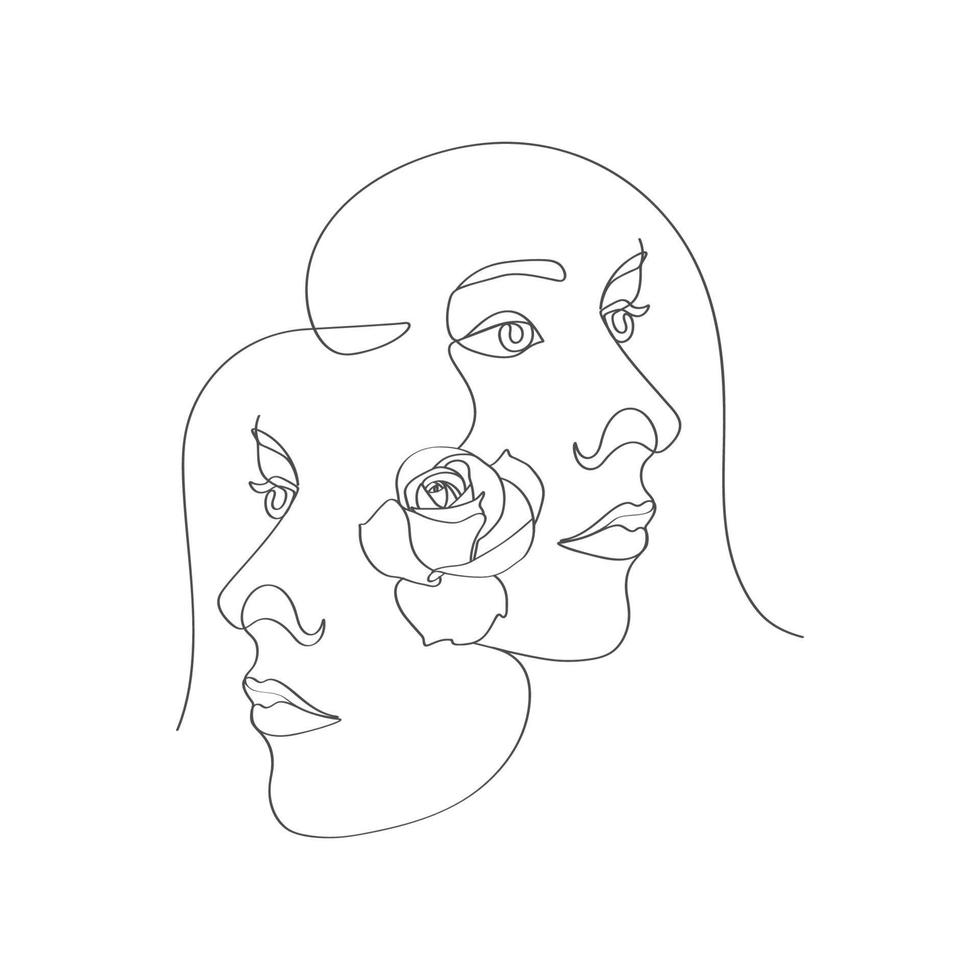 Beauty female face with flowers linear drawing vector