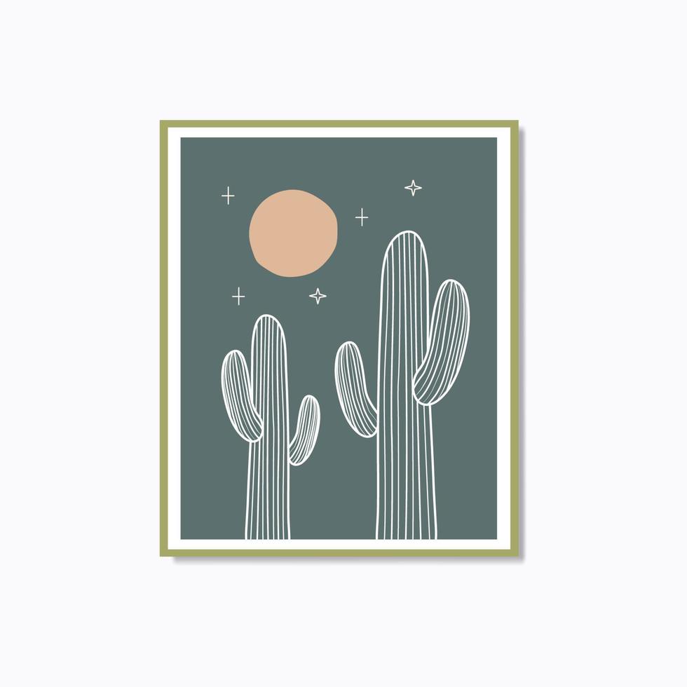 Boho modern minimalist linear cactus full moon poster wall art vector