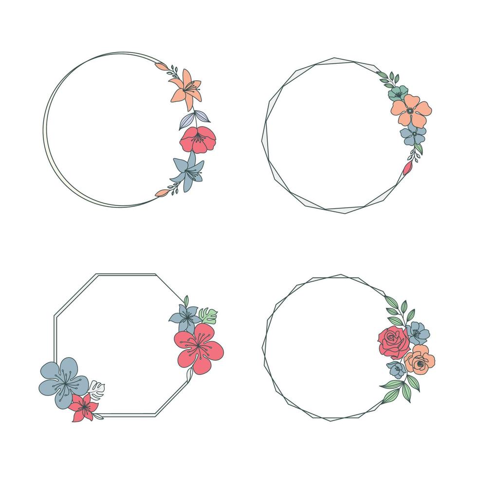 Flowers hexagon circle linear color drawing vector illustration
