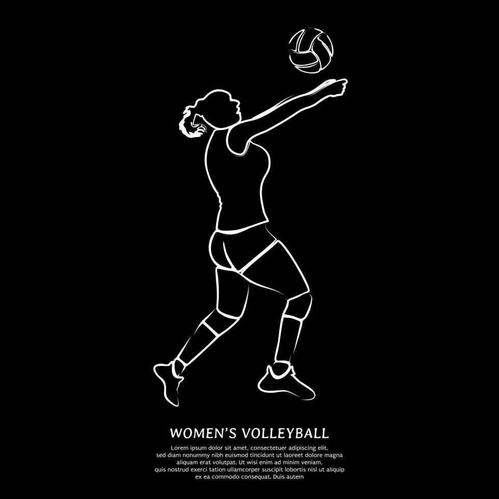 Line art of female volleyball player isolated on black background. Vector illustration