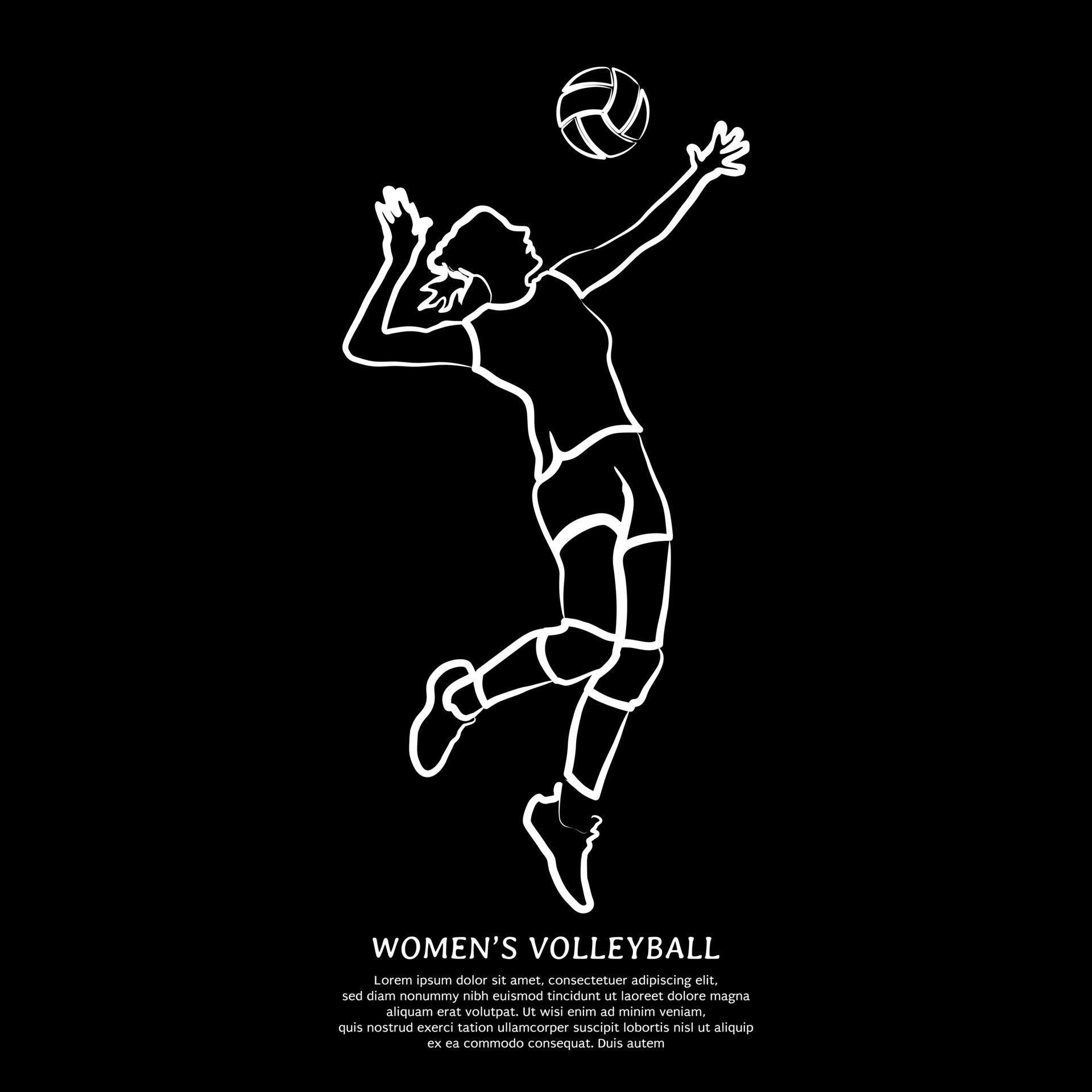 Line drawing of girl volleyball player isolated on black background ...