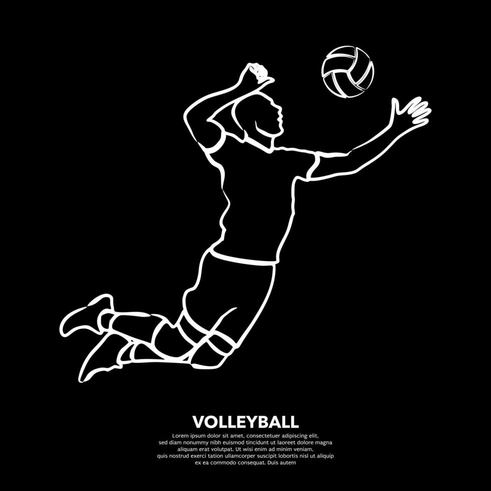 Line drawing of male volleyball player isolated on black background ...