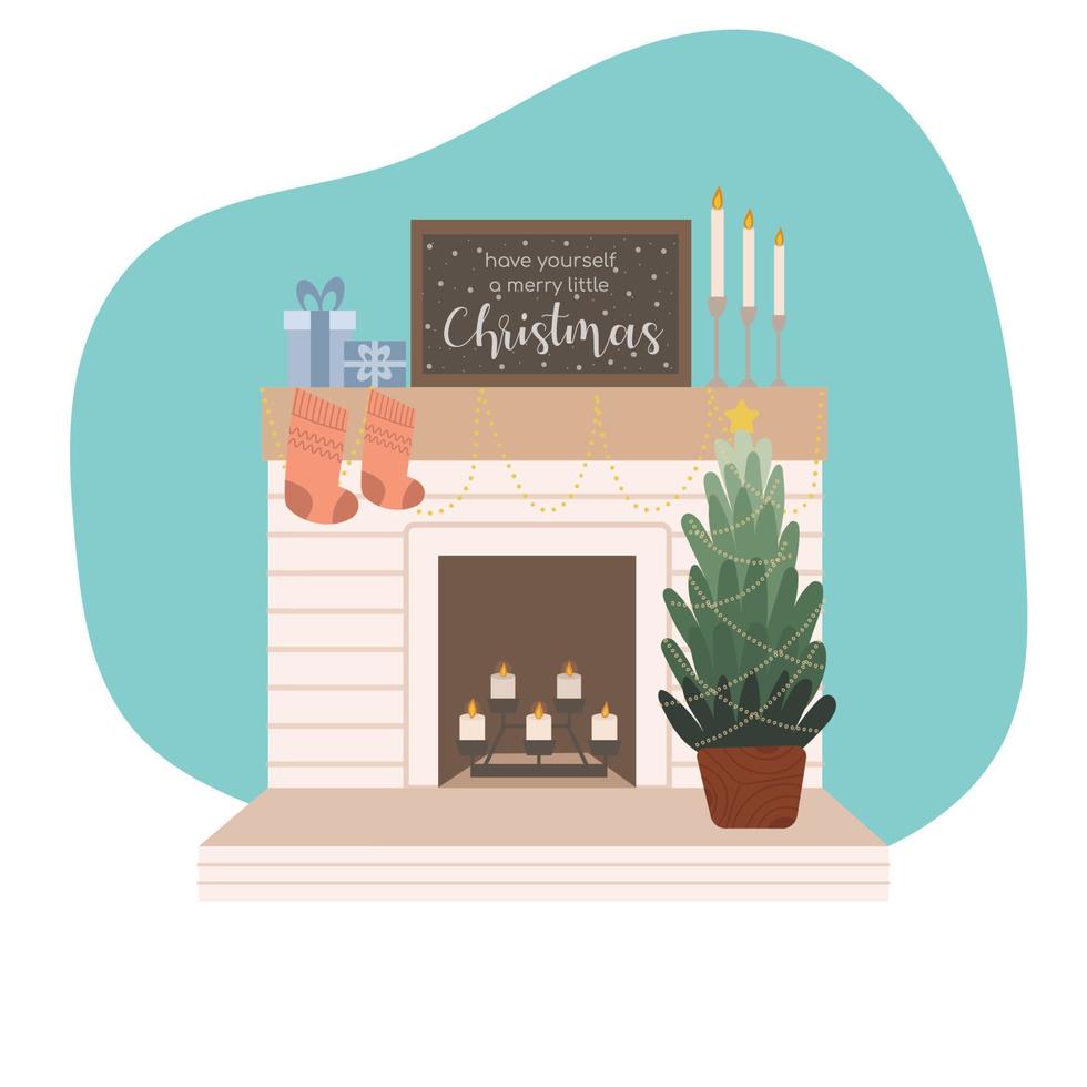 Chimenea vector cálida chimenea decoración calcetines, velas, regalo y árbol de Navidad. decoración de vacaciones de invierno aislado sobre fondo blanco.
