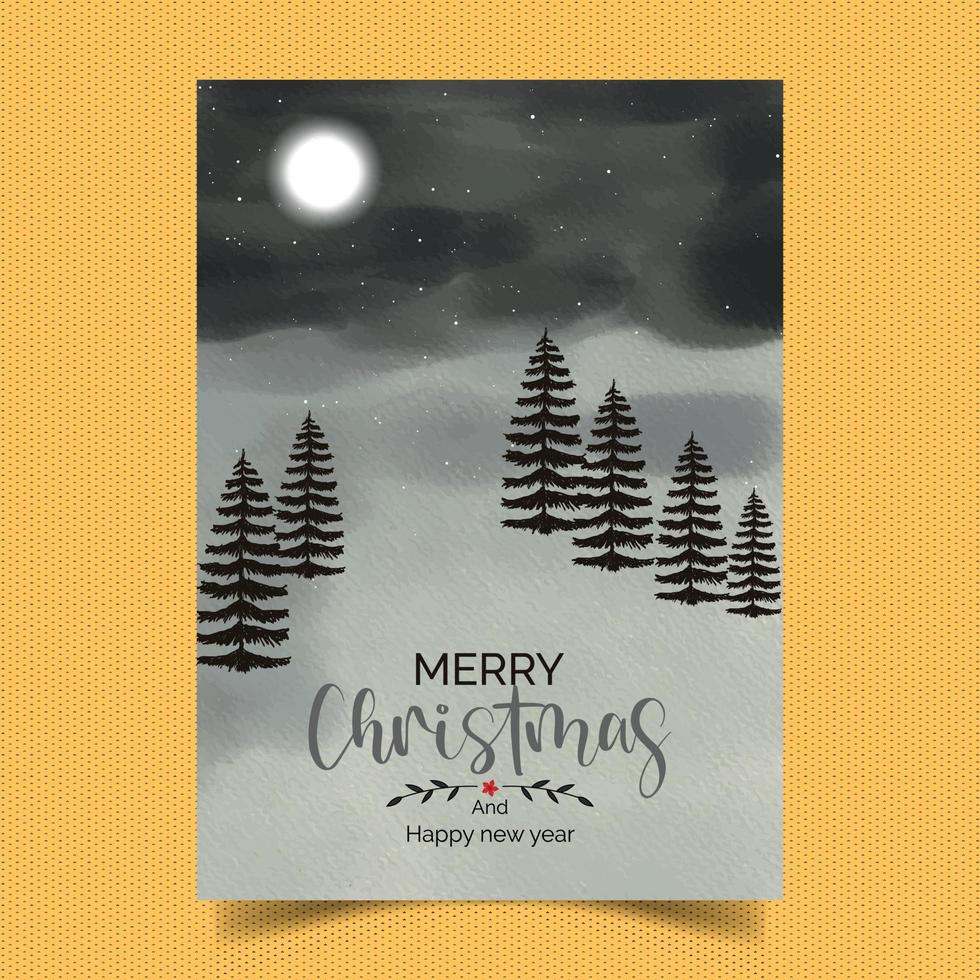 Merry Christmas Card with watercolor winter nature. Fully Layered customizable vector design template