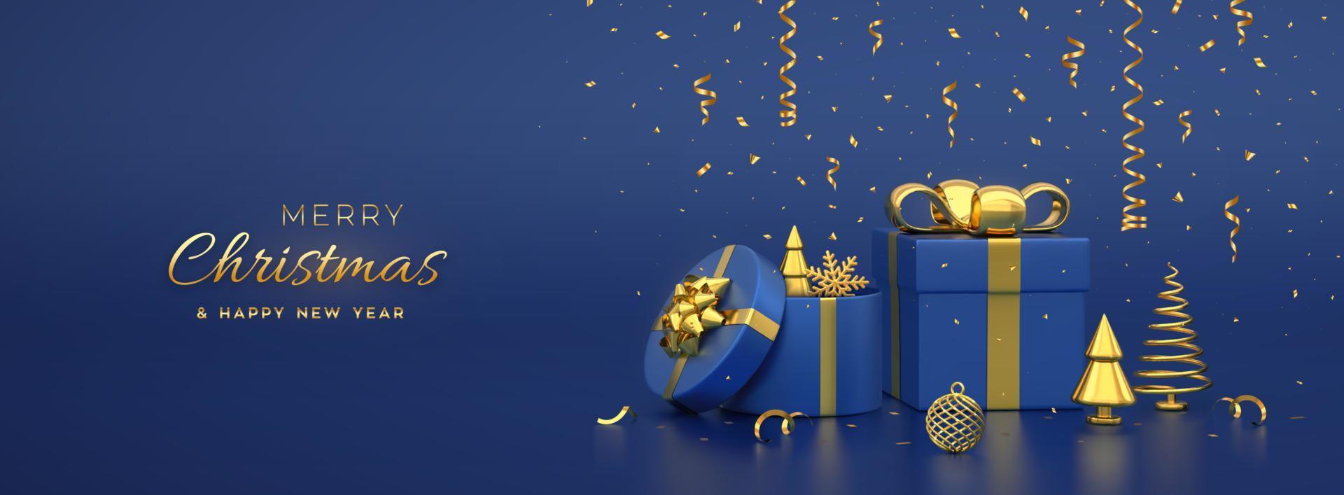 pancarta de navidad composición de cajas de regalo con lazo dorado y pino metálico dorado, abetos, bola, copo de nieve. árboles de año nuevo. fondo de navidad, tarjeta de felicitación, encabezado. ilustración vectorial 3d. vector