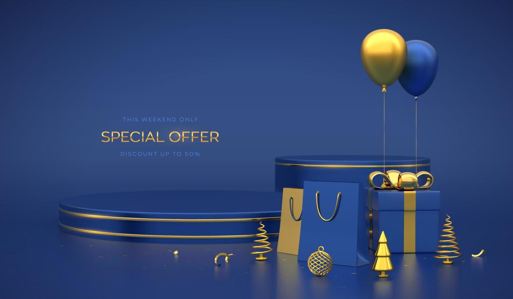 Christmas SALE banner. Scene, round podium, 3D platform on blue background. Blank advertising pedestal with gift box, shopping bags, metallic pine, spruce trees, ball, festive helium balloons. Vector. vector