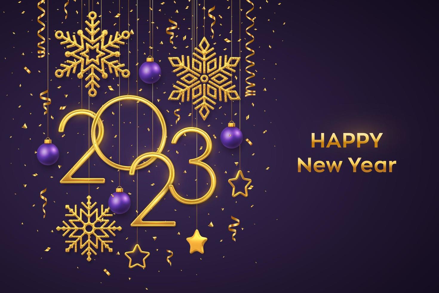 feliz año nuevo 2023. números metálicos dorados colgantes 2023 con copos de nieve brillantes, estrellas metálicas 3d, bolas y confeti sobre fondo morado. tarjeta de felicitación de año nuevo o plantilla de banner. vector. vector