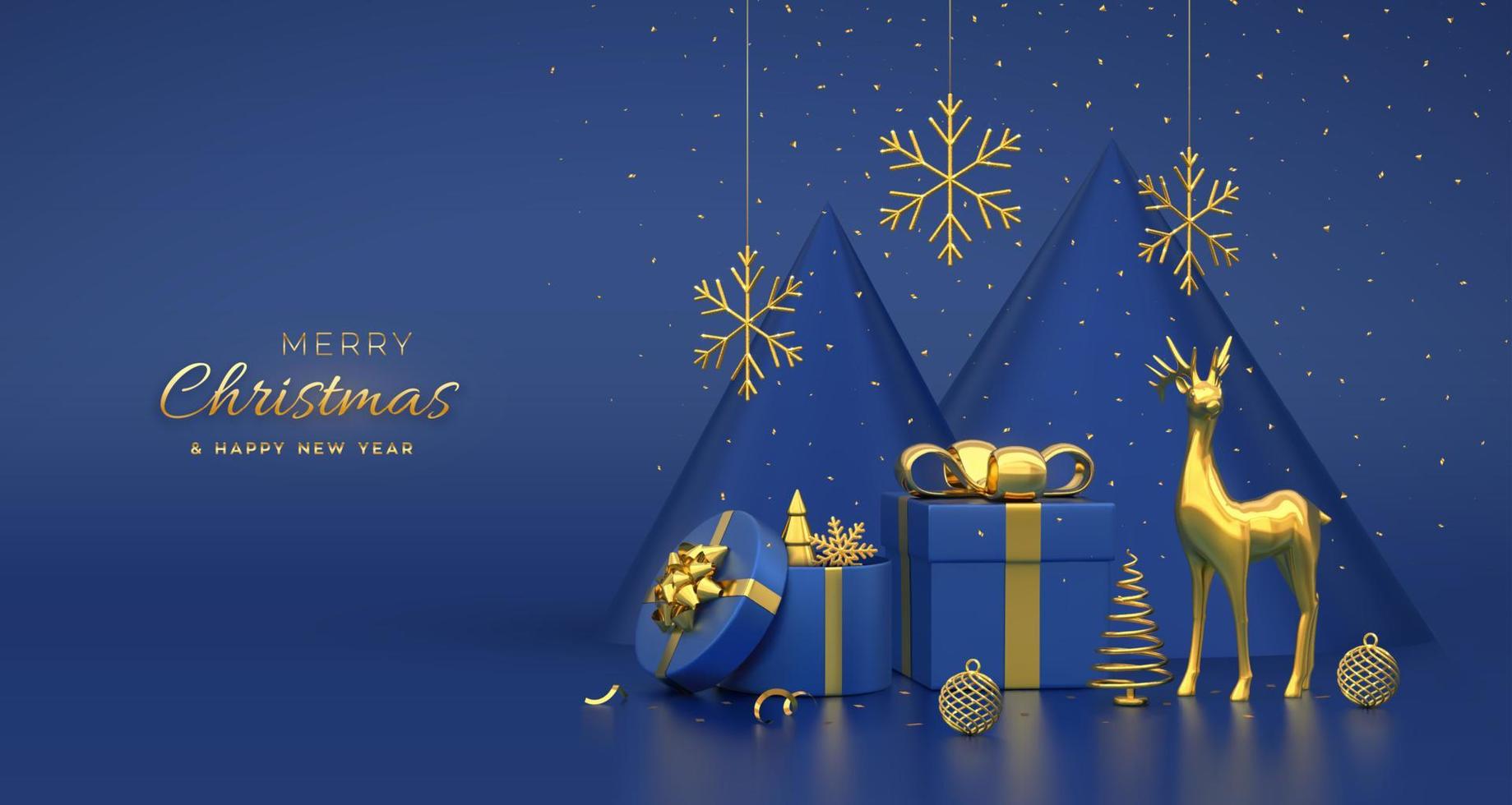 Christmas banner. Composition from gift boxes, gold deer, shining showflakes and ball, golden metallic spruce trees. New Year cone shape trees. Xmas background, greeting card. Vector 3D illustration.