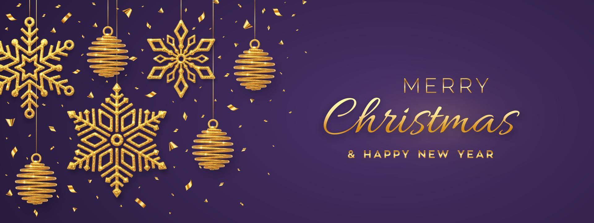 Christmas purple background with hanging shining golden snowflakes and balls. Merry christmas greeting card. Holiday Xmas and New Year poster, web banner. Vector Illustration.