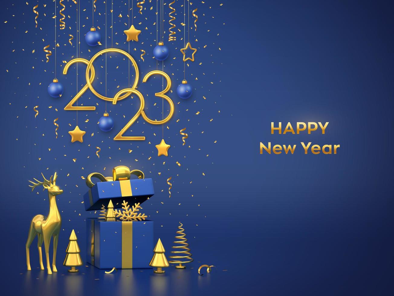 Happy New 2023 Year. Hanging golden metallic numbers 2023 with stars, snowflake, balls on blue background. Open gift box, gold deer and golden metallic pine or fir, spruce trees. Vector illustration.