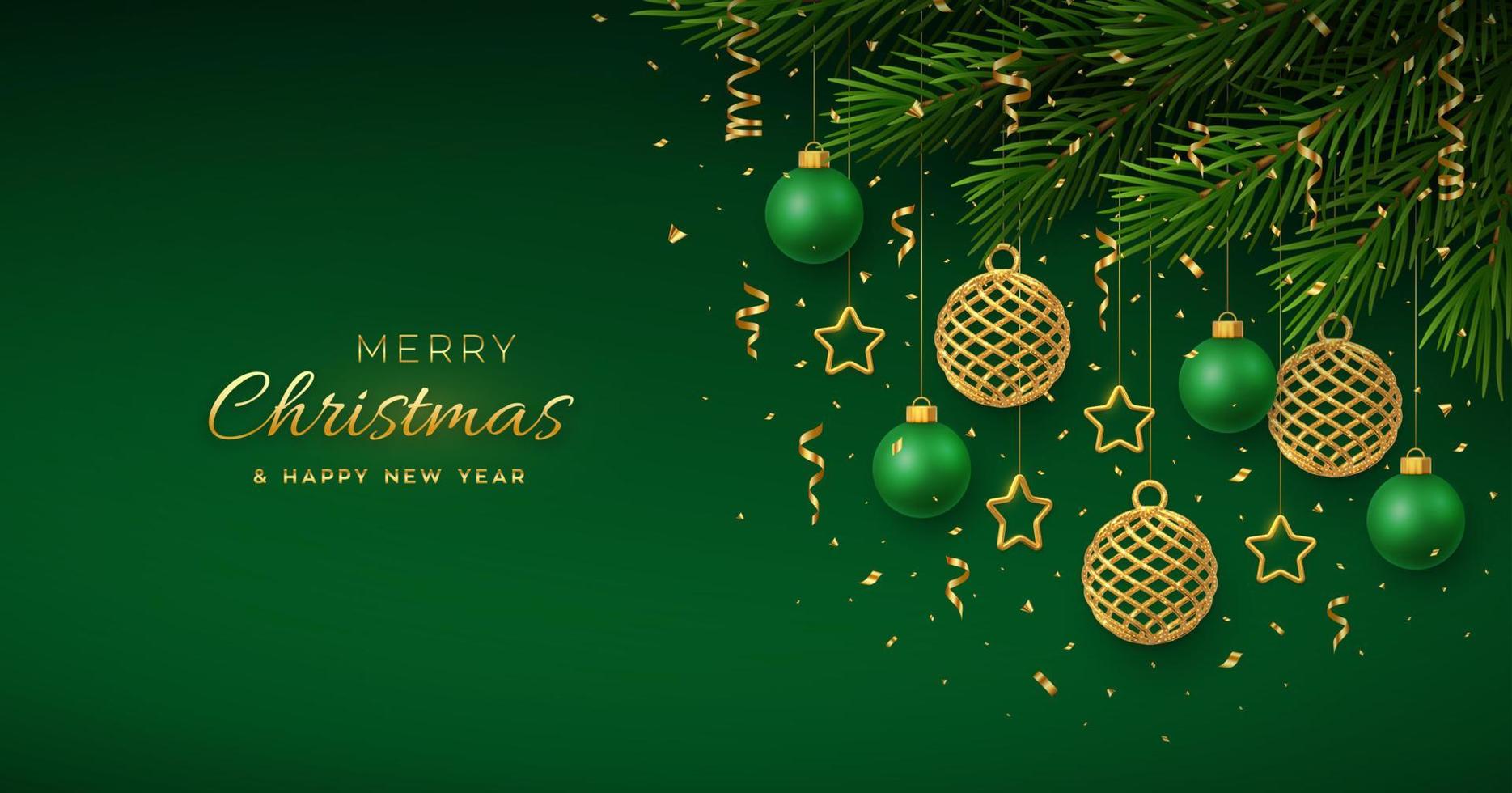 Christmas background with hanging shining golden and green balls, gold metallic stars, confetti, pine branches. Merry christmas greeting card. Holiday Xmas and New Year poster, cover, banner. Vector. vector