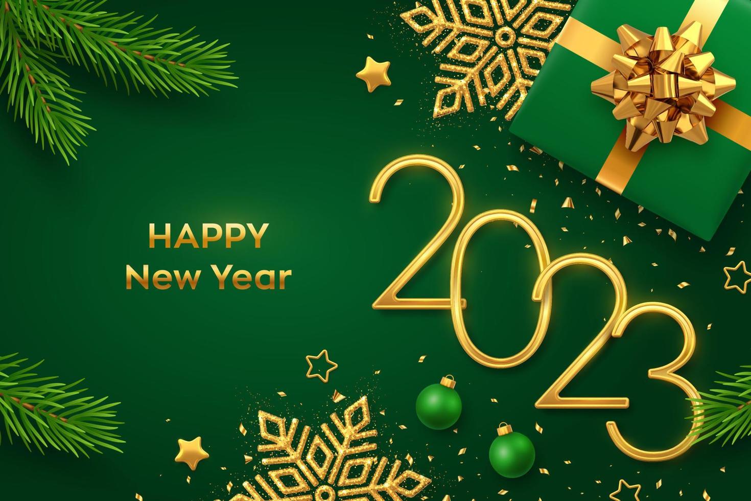 Happy New 2023 Year. Golden metallic numbers 2023 with gift box, shining snowflake, pine branches, stars, balls and confetti on green background. New Year greeting card or banner template. Vector. vector