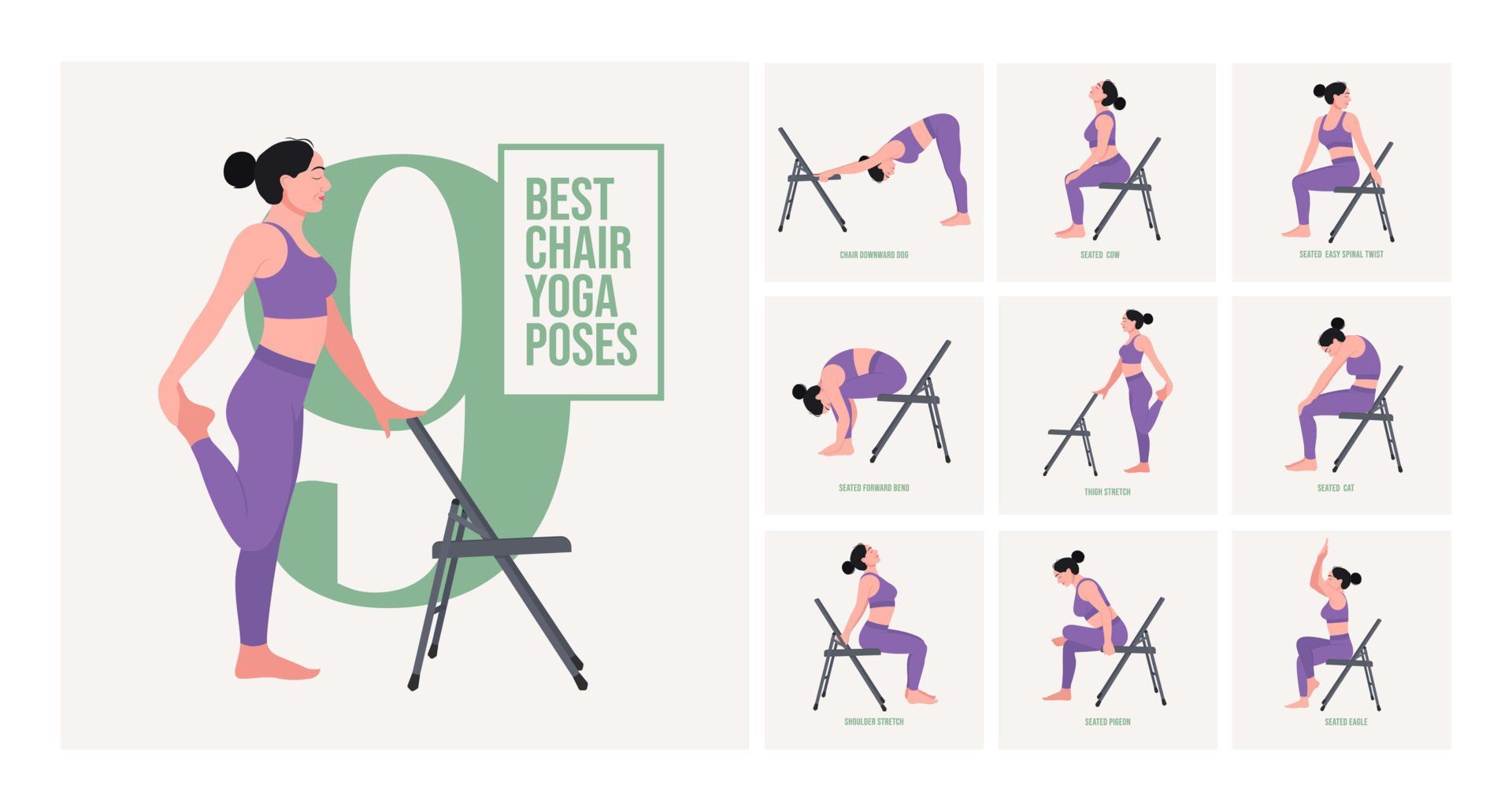 Chair yoga poses. Chair stretching exercises set. Woman workout fitness