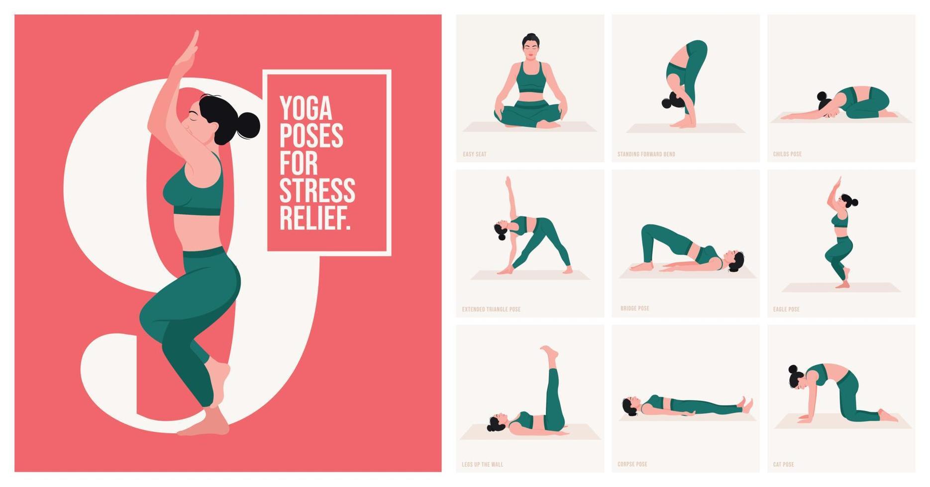 Posturas de yoga para aliviar el estrés. mujer joven practicando pose de yoga. mujer entrenamiento fitness, aeróbicos y ejercicios. ilustración vectorial vector