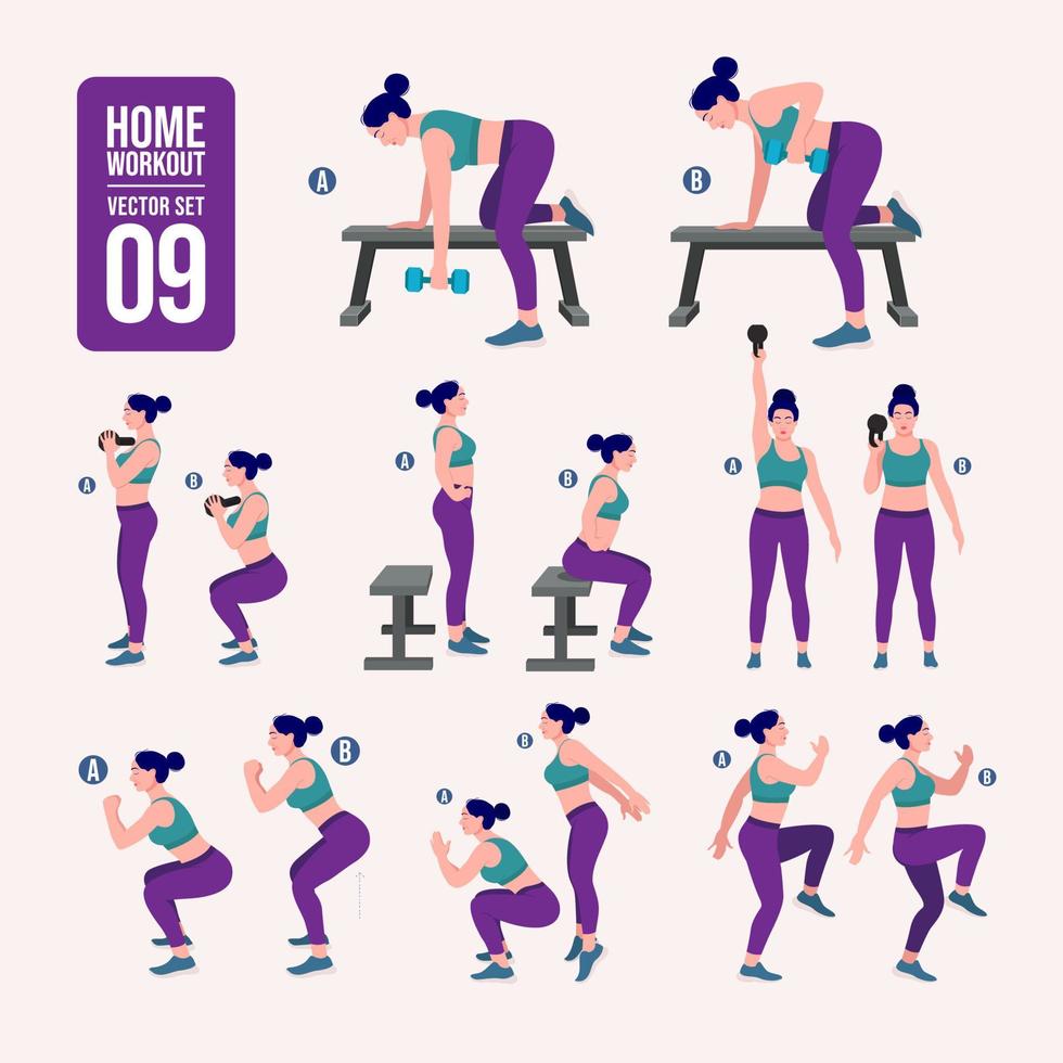 conjunto de entrenamiento para mujeres. mujeres haciendo ejercicios de fitness y yoga. vector