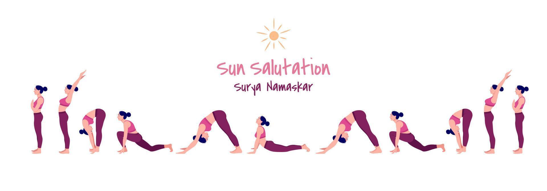 conjunto de ejercicio de yoga saludo al sol surya namaskar. mujeres delgadas en diferentes posiciones de yoga vector