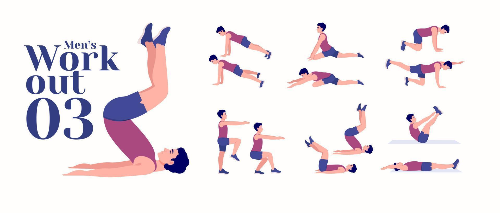 Men Workout Set. Men exercise vector set. Men doing fitness and yoga exercises. Lunges, Pushups, Squats, Dumbbell rows, Burpees, Side planks, Glute bridge, Leg Raise, Russian Twist .etc