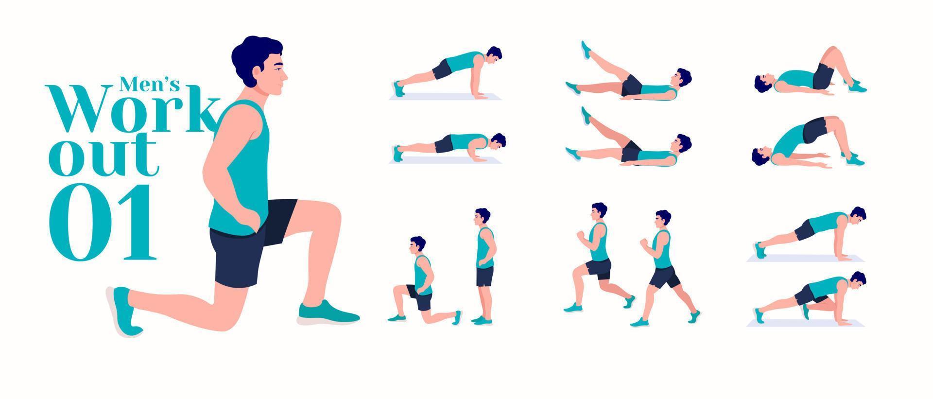 Workout men set. Male doing fitness and yoga exercises. Lunges and squats,  plank and abc. Full body workout. 13794566 Vector Art at Vecteezy