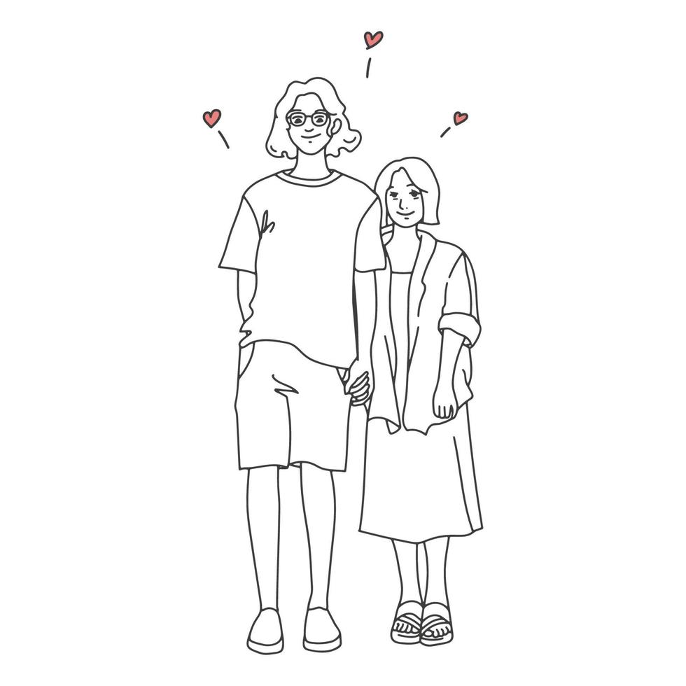 doodle young couple holding hands vector