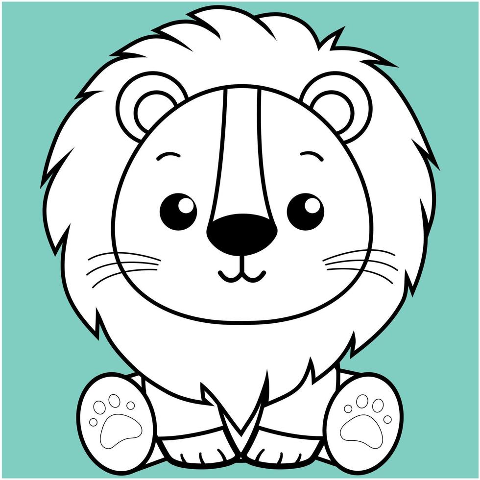 lindo león, kawaii león contorno blanco y negro para colorear libro. vector