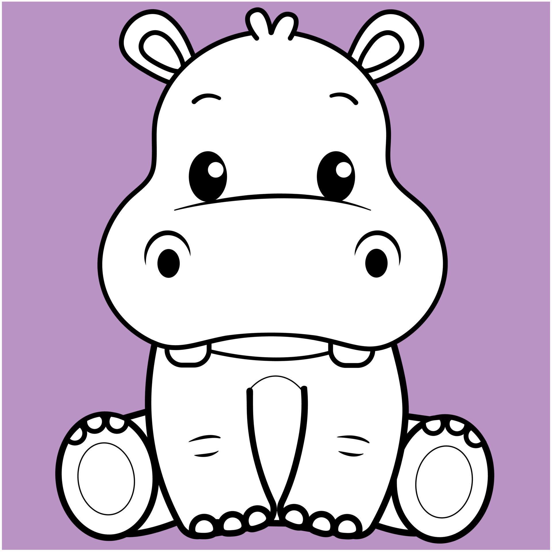 Cute Hippo, Kawaii Hippo black and white outline for coloring book