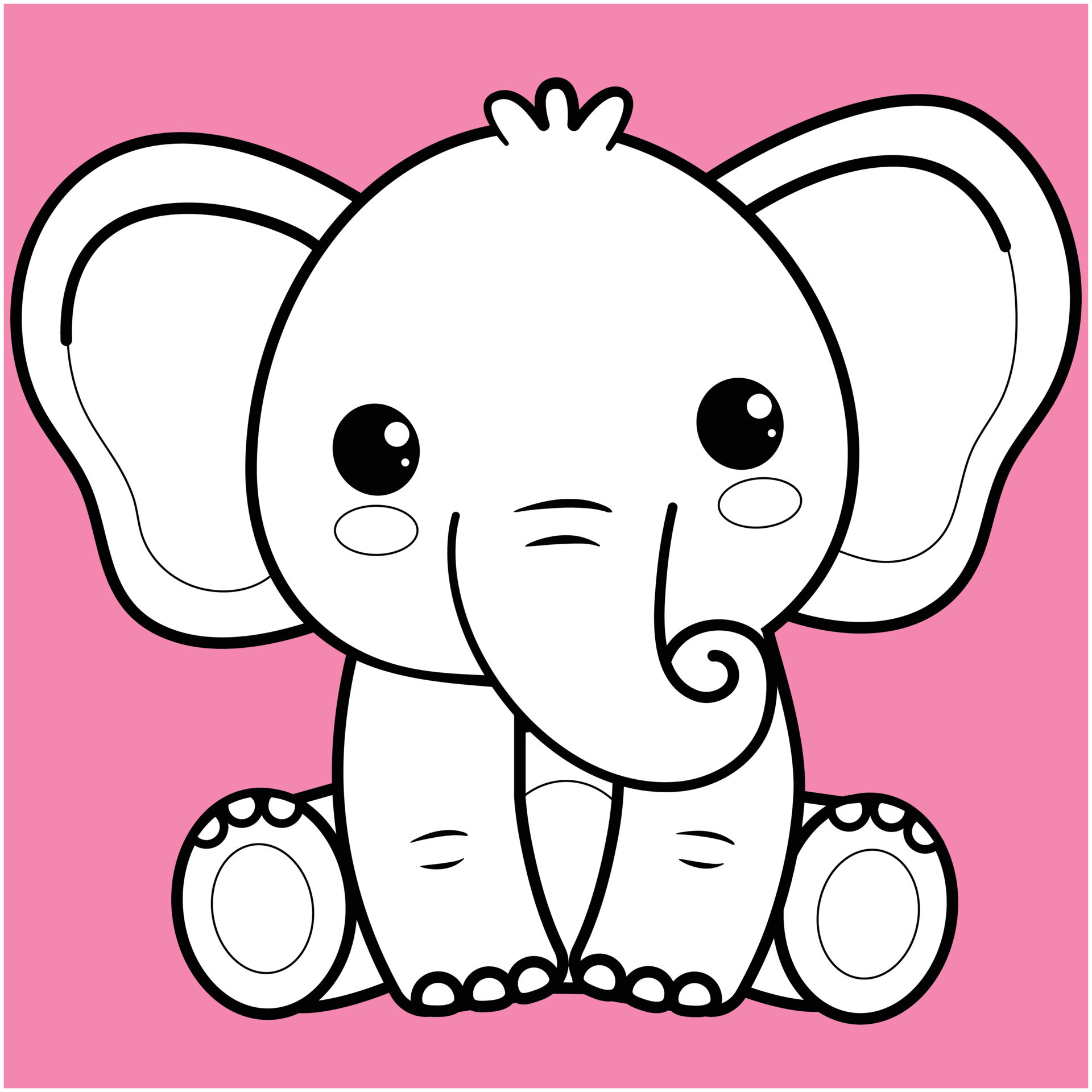 Cute Elephant, Kawaii Elephant black and white outline for coloring